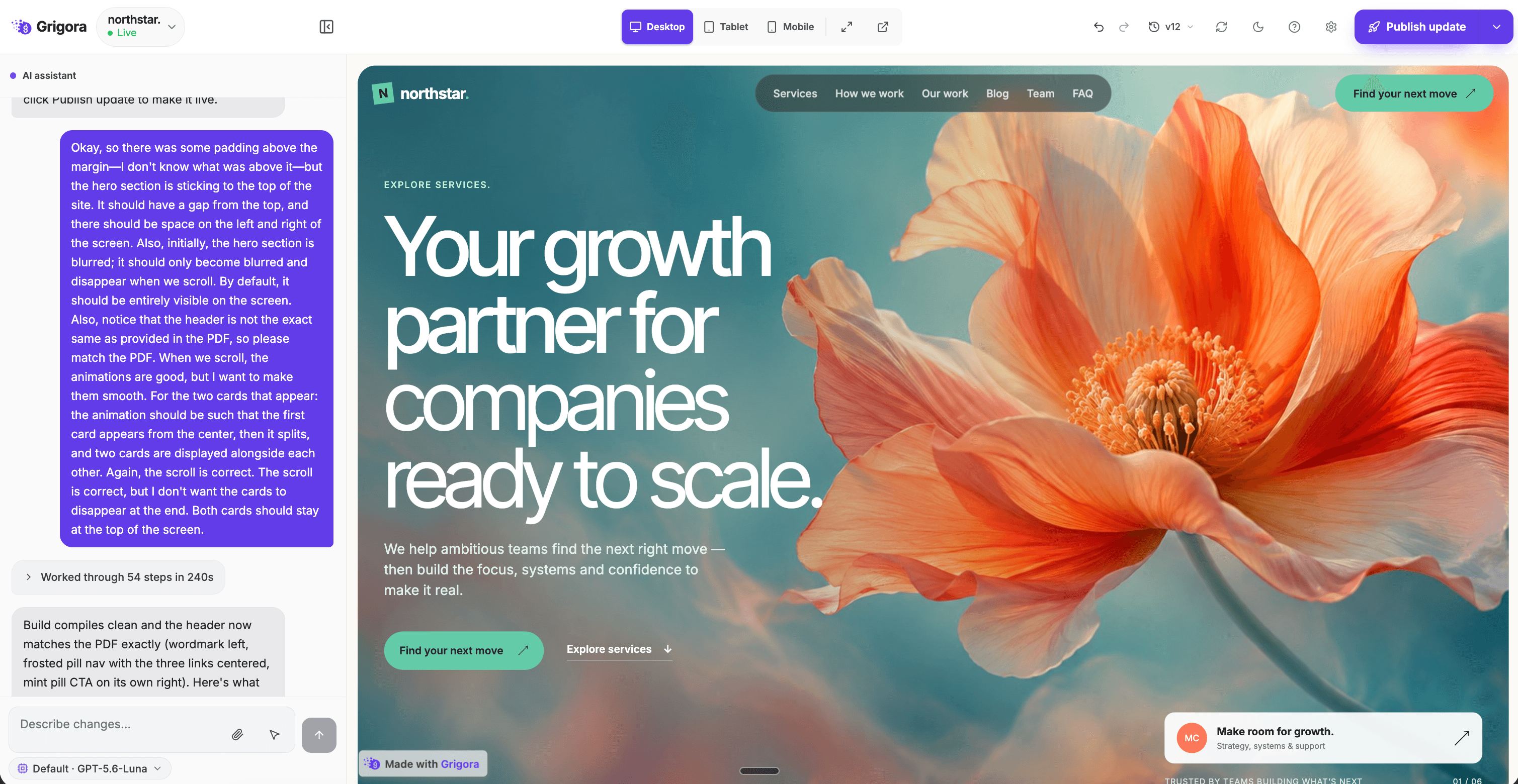 Grigora AI website editor with the Northstar website and AI assistant